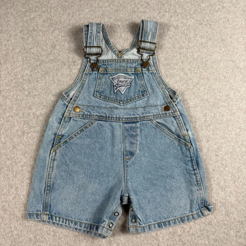 Vintage 90s Guess Baby 18M Denim Shortalls Overalls Triangle Logo Snap Crotch